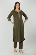 Olive Slub Embroidered Kurti
