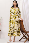 Olive Green Viscose Slub Printed Dress with Round Neck