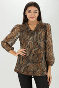 Brown Abstract Lurex Chiffon Top