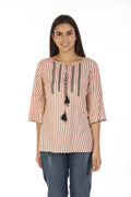 Rayon Striped Top with Bell Sleeves (Beige)
