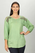 Green Round Neck Embroidered Top