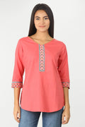 CORAL COTTON EMBROIDERED TOP