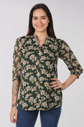 Dark Green floral print Mandarin Neck