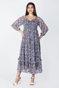 Blue Printed Chiffon Casual Dress