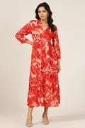 Red Prismatic Flair Collared Rayon Printed Dress