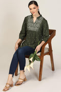 Olive Green Embroidered Rayon Mandarin Top