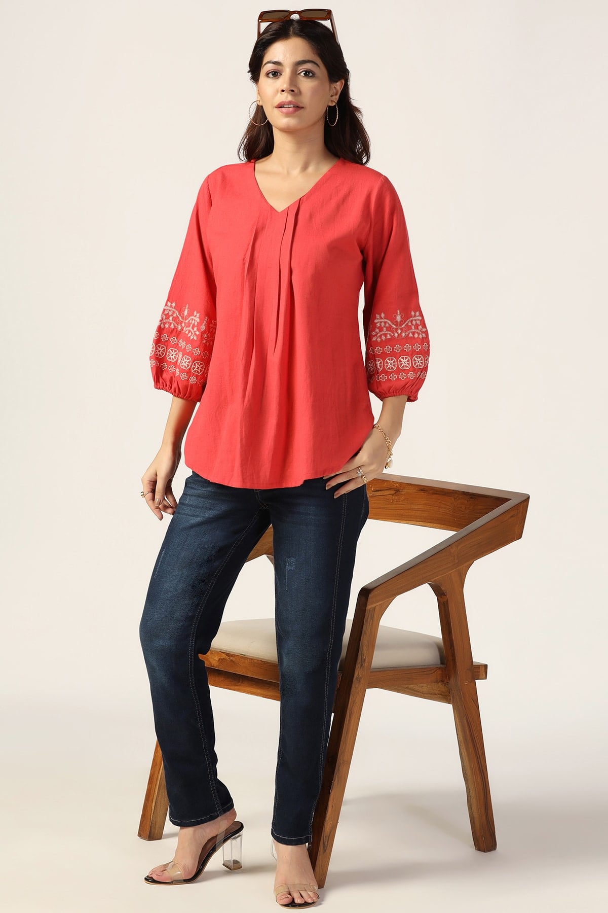 Coral Embroidered Viscose Linen Top – Mustard Fashion
