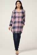 Pink Checked Twill Tunic with Lapel Collar