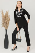 Black Embroidered Cotton Seer Sucker Casual Top