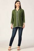 Forest Green Seer Sucker Shirt with Embroidery