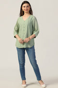 Green Crepe Casual Top with V Neck and 3/4th Sleeves