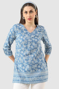 Blue Printed Rayon Tunic with V-Neck