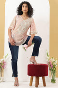 Peach Printed Chiffon Casual Top with V-Neck