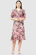 Pink Printed Chiffon Dress with V-Neck