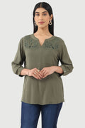 Green Embroidered Casual Top in Rayon Crepe