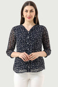 Navy Blue Printed Georgette Top with V-Neck