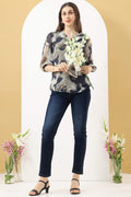 Grey Printed Chiffon Top with V-Neck