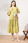 Yellow Schiffli Embroidered Dress with V Neck & 3/4th Sleeves