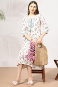 White Embroidered Rayon Crepe Dress with Round Neck