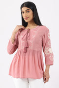 Coral Pink Embroidered Rayon Crepe Casual Top