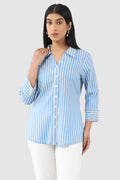 Blue Striped Rayon Shirt with 3/4th Sleeves and Collared Neck