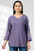 Purple V-Neck Embroidered Top