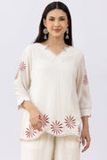 Embroidered Off White Viscose Co-Ord Top with V Neck & 3/4 Sleeves