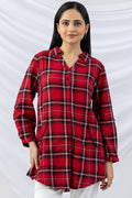 Red Checked Brush Rayon Twill Winter Long Shirt with Collar & 3/4 Sleeves