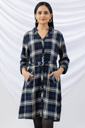 Navy Checked Brush Rayon Twill Tunic with Collar & 3/4 Sleeves