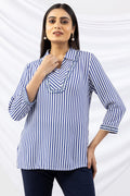 Blue Striped Viscose Slub Top with Collar and 3/4th Sleeves