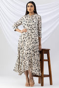 Off White Printed Dress with String Tie Neck & 3/4 Sleeves