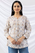 Off White Printed Cotton Slub Shirt with Round Neck & 3/4 Sleeves