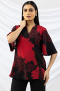Black & Red Printed Casual Top with Mandarin Neck
