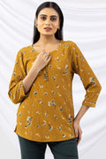 Mustard Printed Crepe Top with Round Neck & 3/4 Sleeves