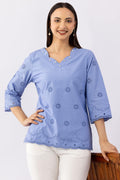Blue Schiffli Viscose Cotton Top with V-Neck & 3/4 Sleeves