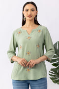 Pista Green Embroidered Top with Round Neck & 3/4 Sleeves
