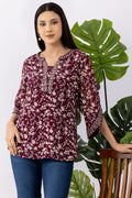 Wine Embroidered Chiffon Top with Round Neck & 3/4 Sleeves