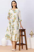 Printed White Cotton Dress with Round Neck