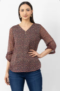 Brown Printed Top with V Neck & 3/4 Sleeves