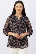 Black Printed Chiffon Top with Round Neck & 3/4 Sleeves
