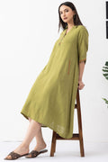 Lime Green Viscose Cotton Slub Collared Dress with Half Sleeves