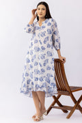 Sky Blue Printed Georgette Dress with Mandarin Neck & 3/4 Sleeves