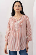 Brown Striped Viscose Modal Round Neck Top with 3/4 Sleeves