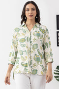 Ivory Rayon Twill Printed Shirt with Collar & 3/4 Sleeves