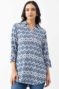 Navy Blue Printed Viscose Tunic with Collar & 3/4 Sleeves