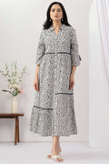 White Cotton Lurex Printed Dress with Collared Neck and Lace Work