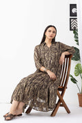 Olive Printed Dress with Collared Neck & 3/4 Sleeves