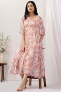 Pink Floral Printed Chiffon Dress with Flared Sleeves