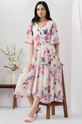 Light Pink Printed Georgette Dress with V Neck & Flared Sleeves