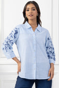 White & Blue Striped Cotton Embroidered Shirt